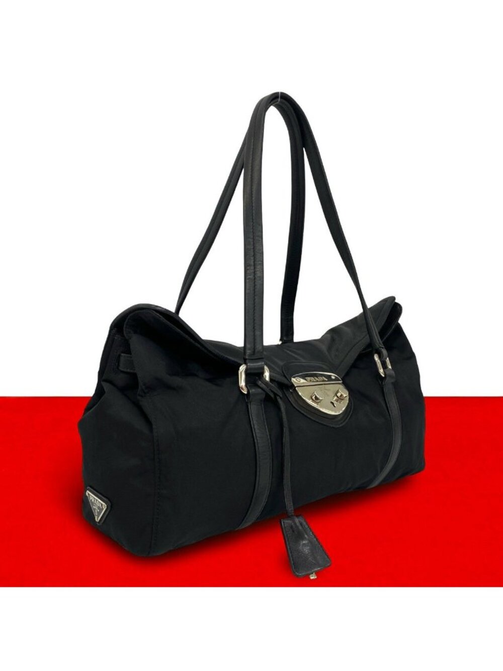 Prada Triangle Logo Tessuto Pocono Nylon Leather Tote Shoulder Bag Black